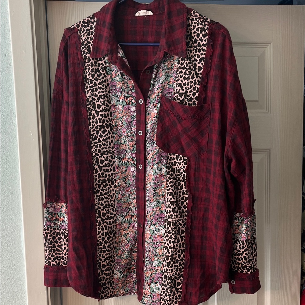 ODDY Red Plaid and Leopard Print Blouse